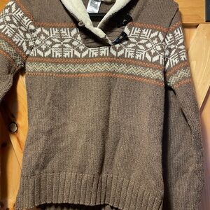 North Face brown Nordic Toggle Sweater with Cream and Orange Accents size medium